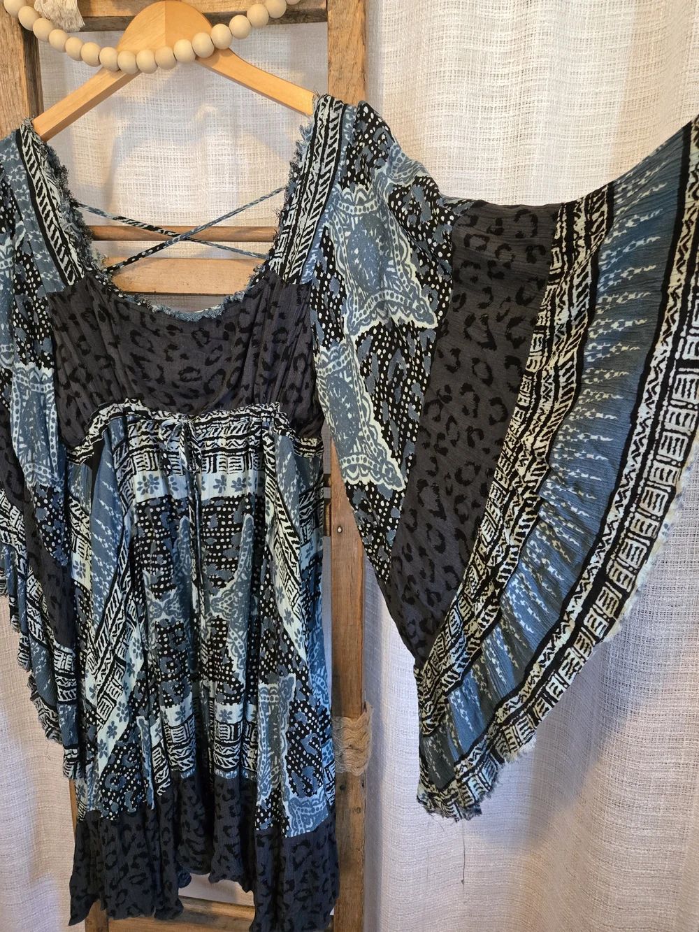 Free People Blue and Black Printed Crisscross Back Tunic